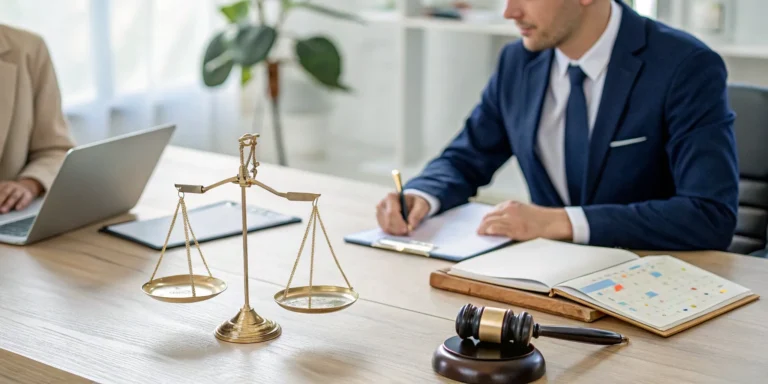 Galveston personal injury lawyer at a desk with legal scales and a gavel.