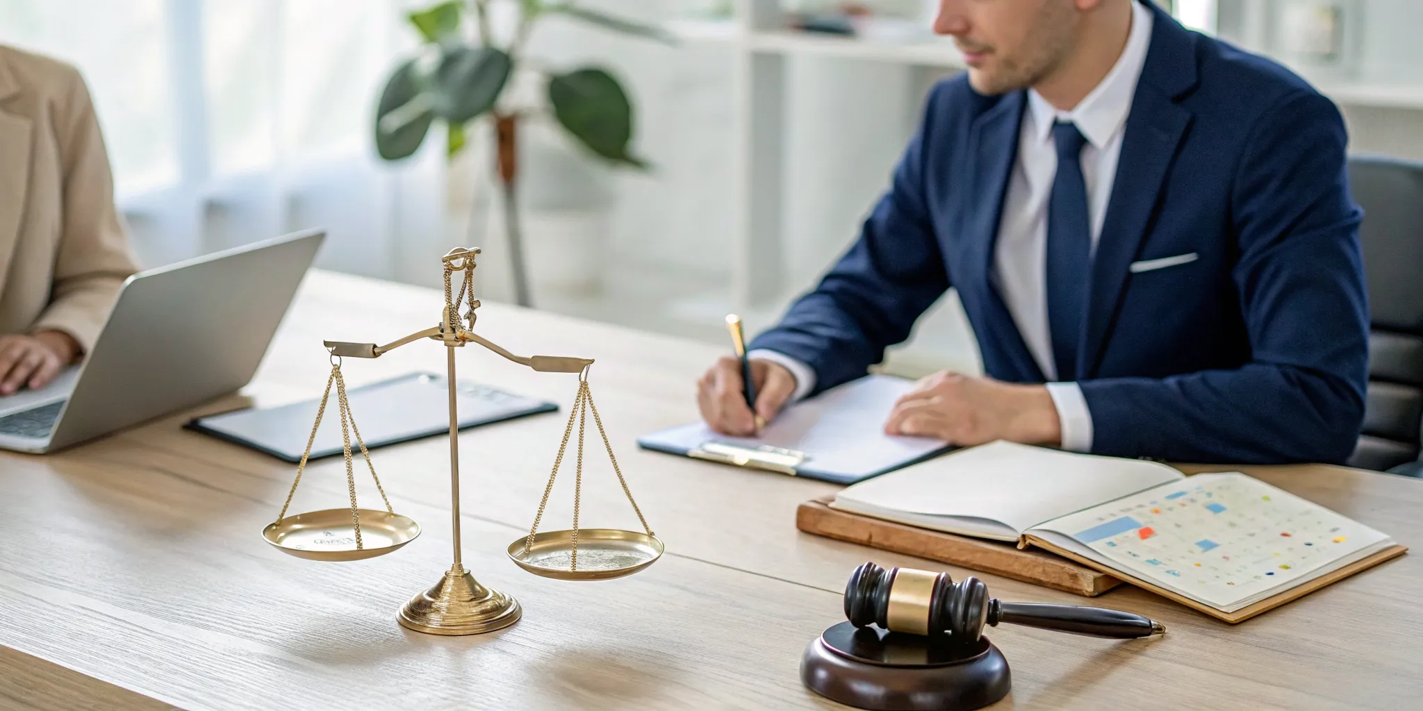 Galveston personal injury lawyer at a desk with legal scales and a gavel.