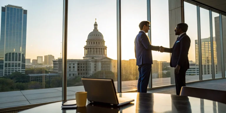 Client shaking hands with the best personal injury lawyer in Texas in an office overlooking the Capitol.