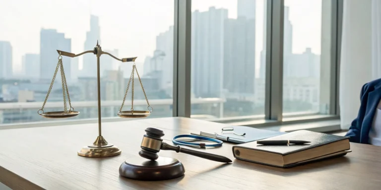 A malpractice lawyer's desk with scales of justice, a gavel, and a law book.
