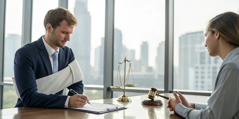 An attorney at a personal injury law firm discusses a case with an injured client.