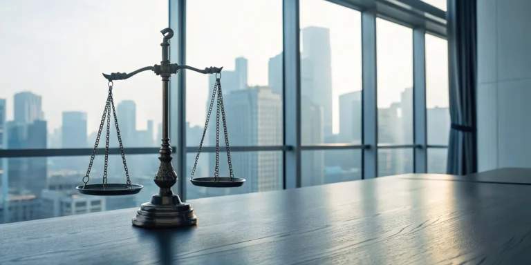 Scales of justice on an office desk weighing the elements of a breach of fiduciary duty.