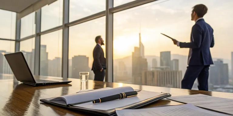 A contract attorney advises a client on a business contract in an office.