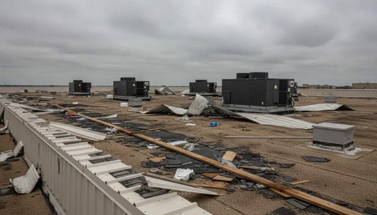 Wind damage on a Texas commercial building roof