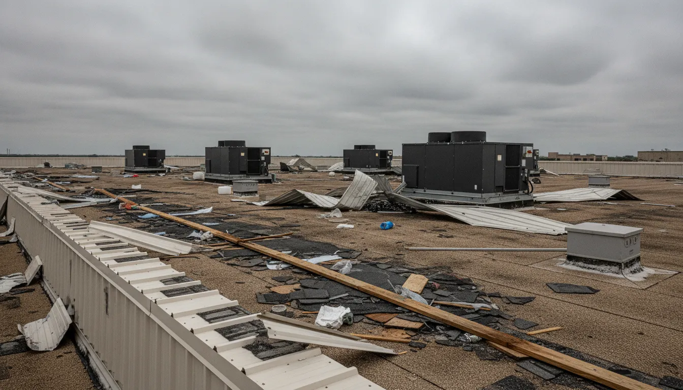 Wind damage on a Texas commercial building roof