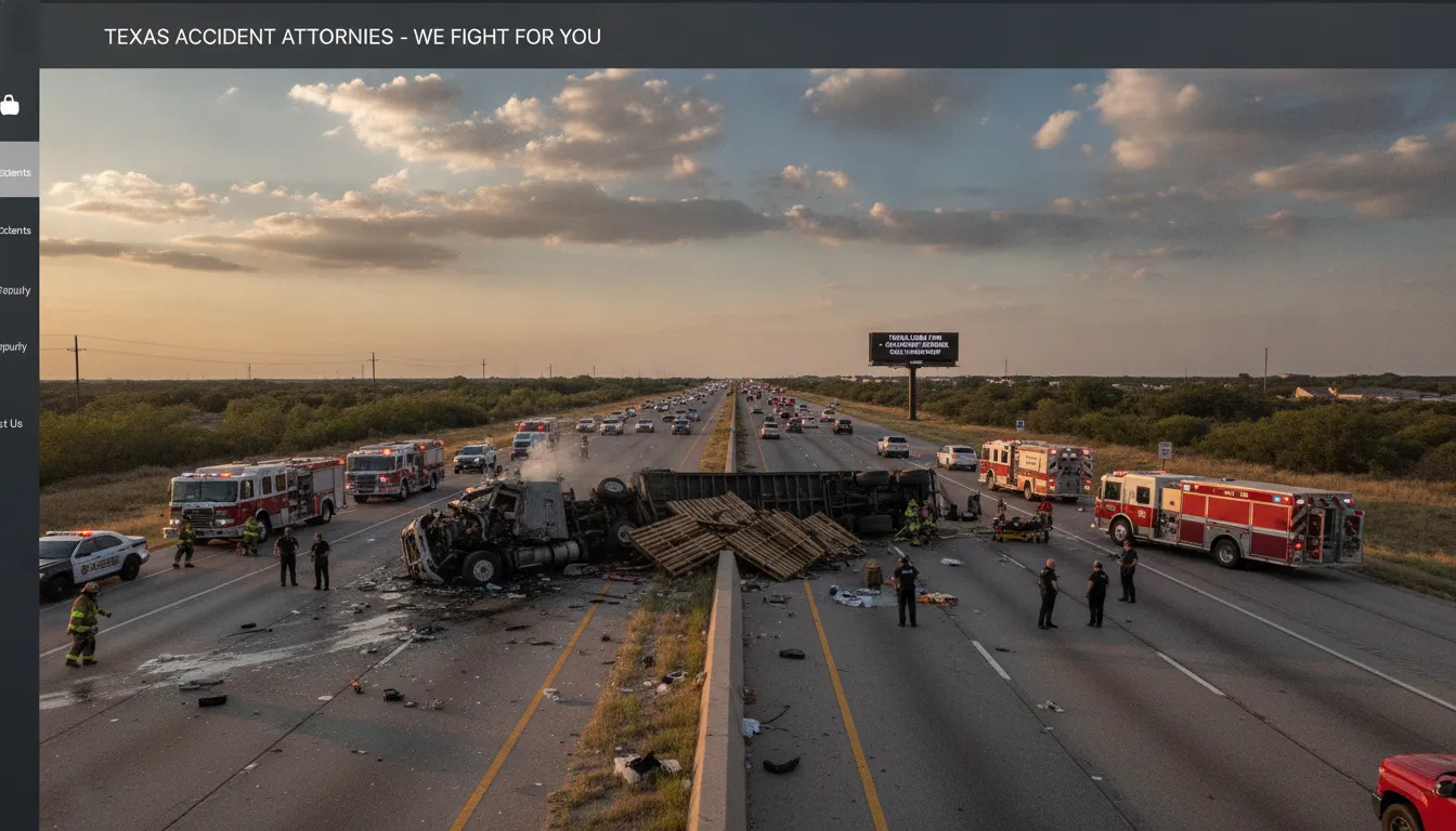 Texas highway scene with an 18-wheeler and emergency response vehicles after a truck accident