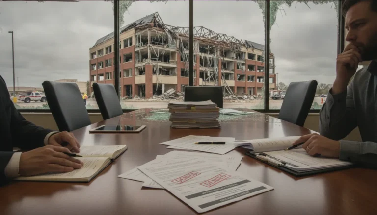 Texas commercial building with storm damage and insurance documents