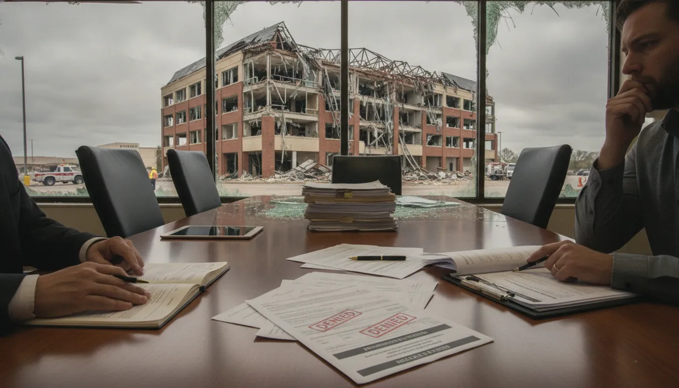 Texas commercial building with storm damage and insurance documents