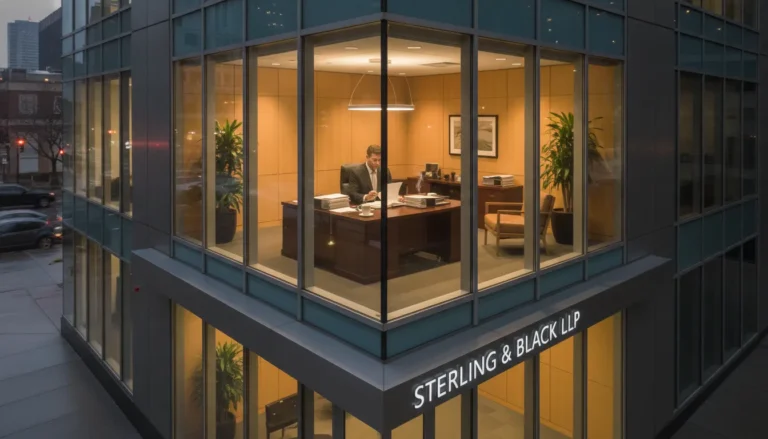 Business owner reviewing insurance claim documents with a lawyer at a desk in a professional legal office