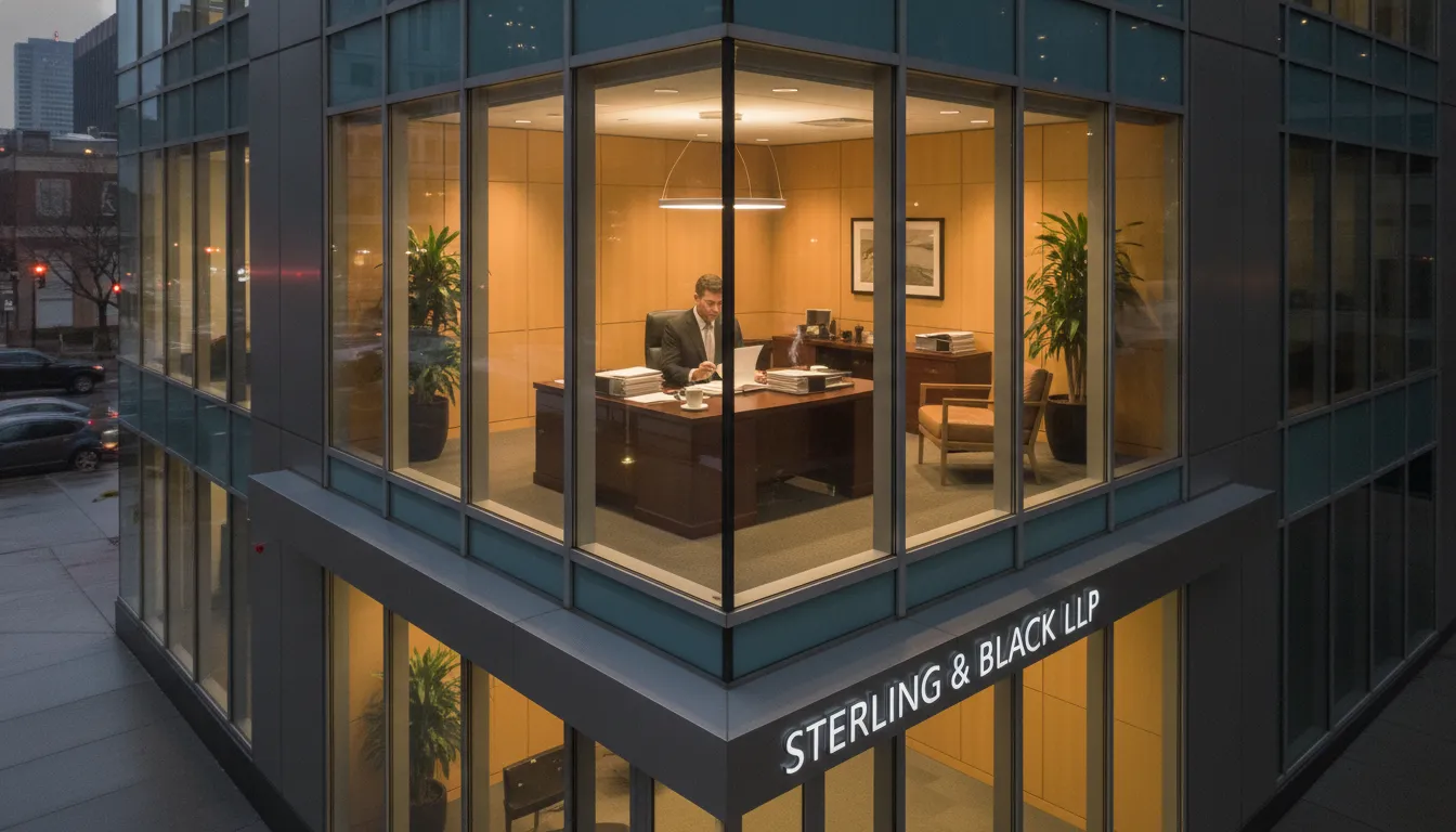 Business owner reviewing insurance claim documents with a lawyer at a desk in a professional legal office