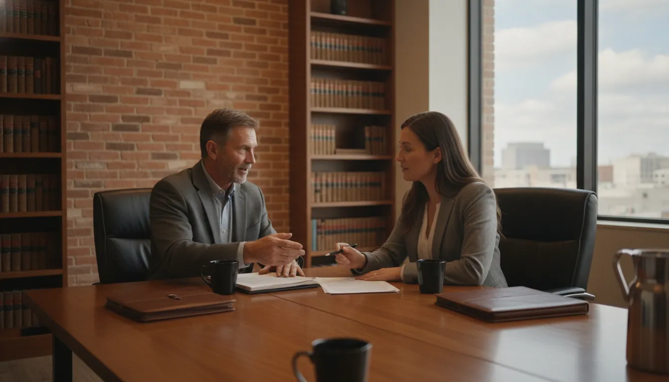 Texas commercial property owner meeting with attorney to discuss insurance bad faith claim