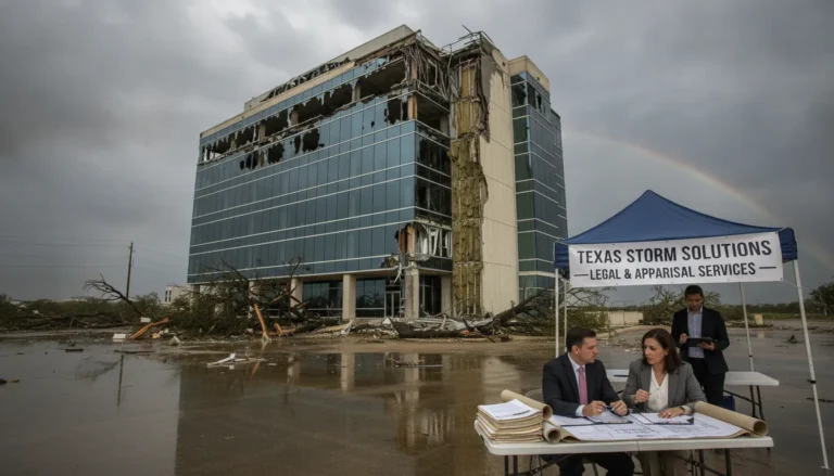 Texas commercial property building with insurance appraisal documents and legal consultation setting