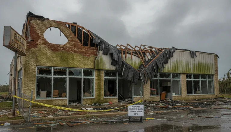 Commercial building with weather damage illustrating property insurance depreciation