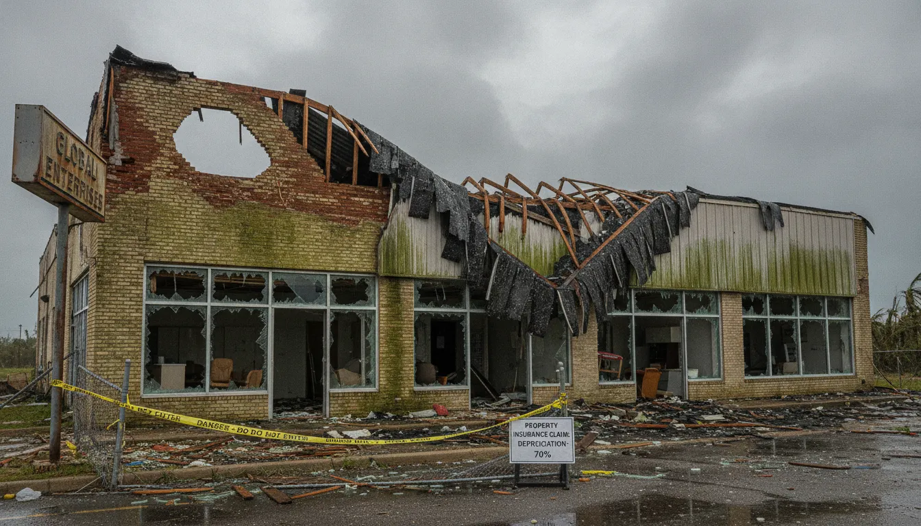 Commercial building with weather damage illustrating property insurance depreciation