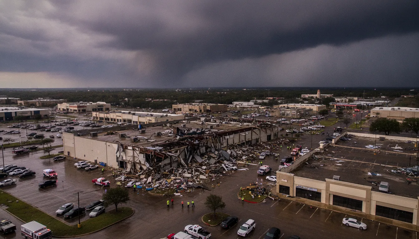 Aerial view of commercial property with severe tornado damage and emergency response