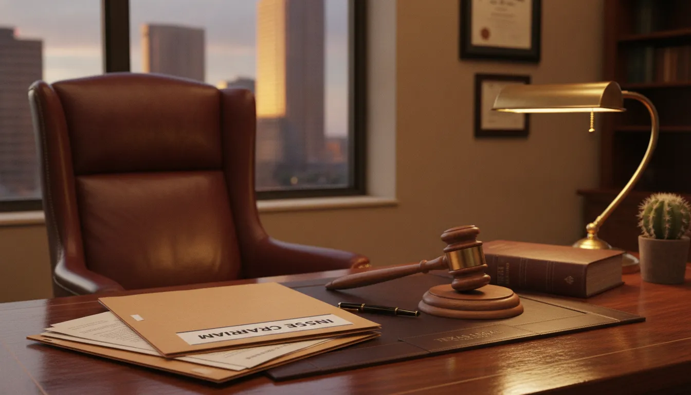 Law firm office desk with insurance claim documents and gavel