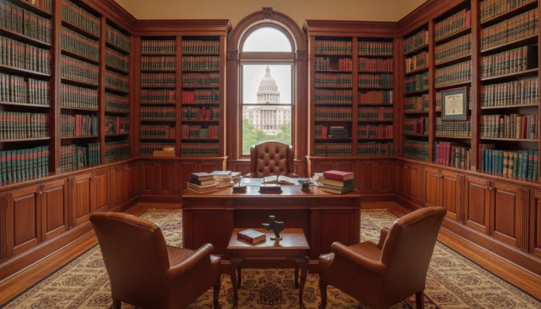 Professional Texas law office with bookshelves and legal documents