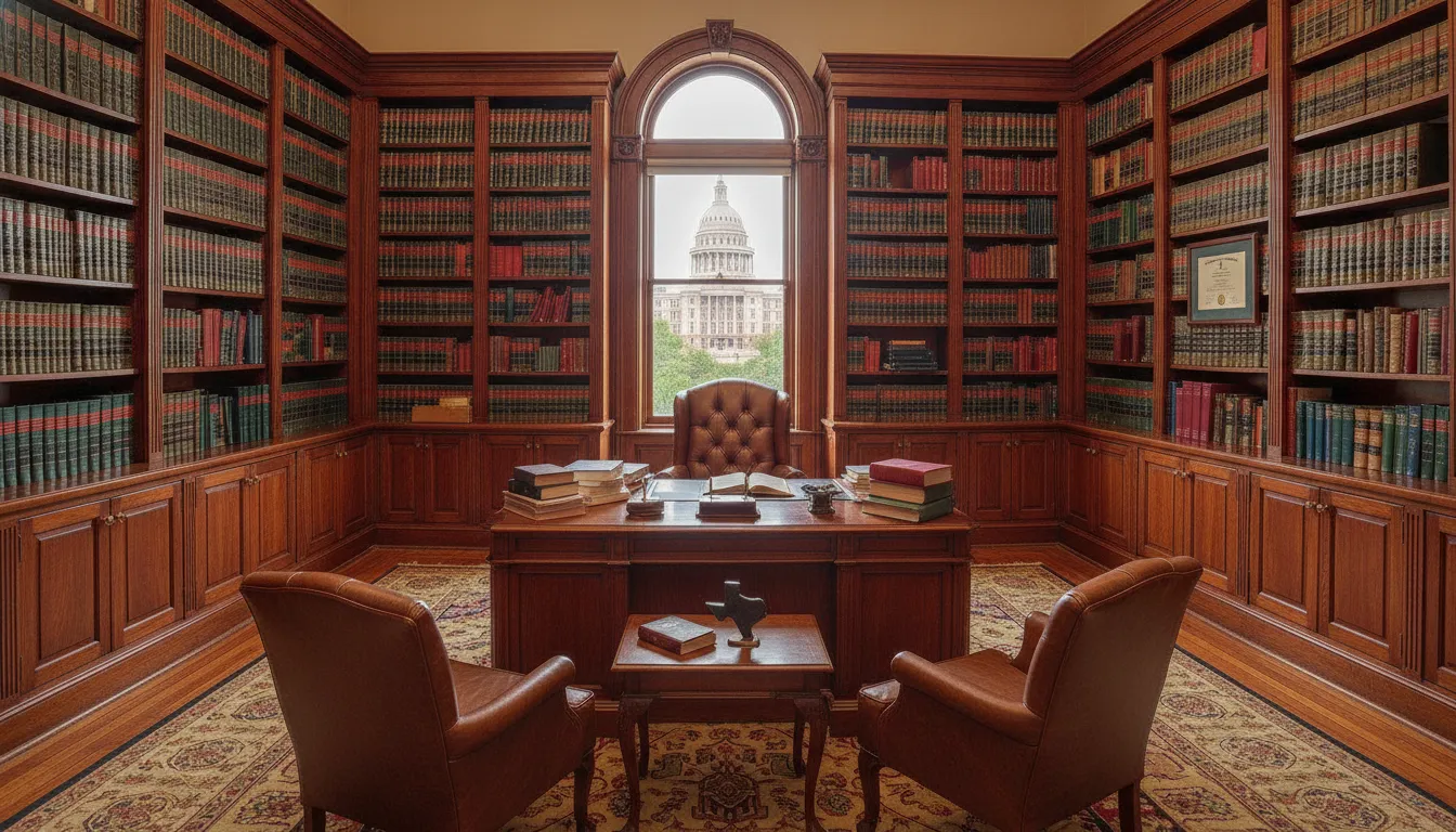 Professional Texas law office with bookshelves and legal documents