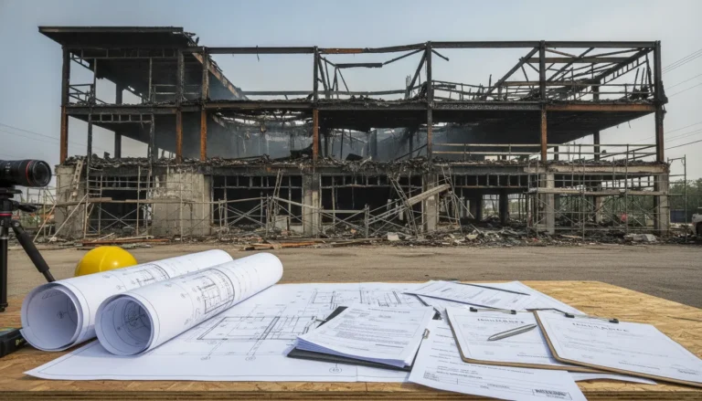 Commercial building under construction with blueprints and insurance documents representing code upgrade costs