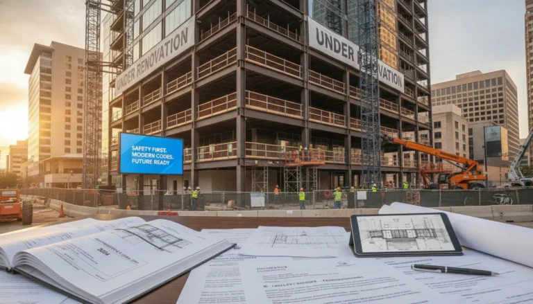 Commercial building under construction with building code compliance documents and insurance papers