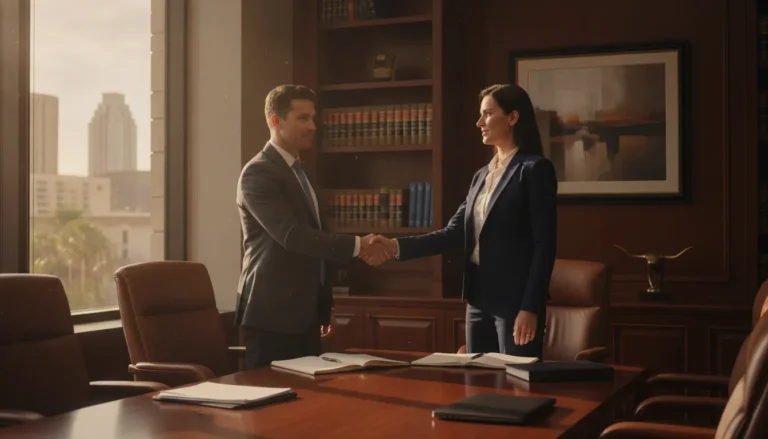 Two business partners shaking hands in a Texas law office conference room
