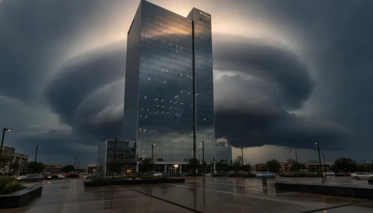 A modern glass-and-steel commercial office building reflecting a storm cloud in Texas