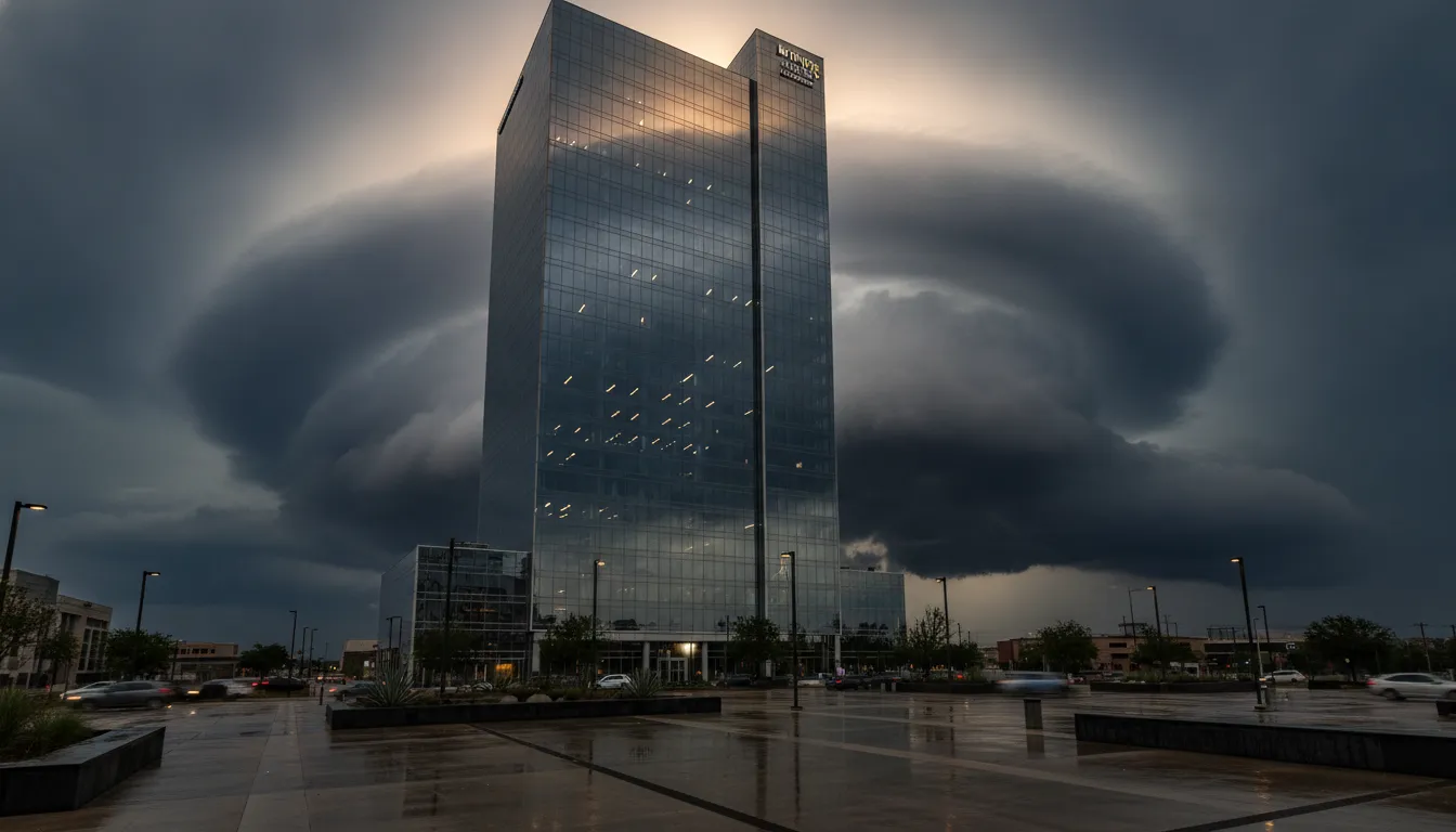 A modern glass-and-steel commercial office building reflecting a storm cloud in Texas