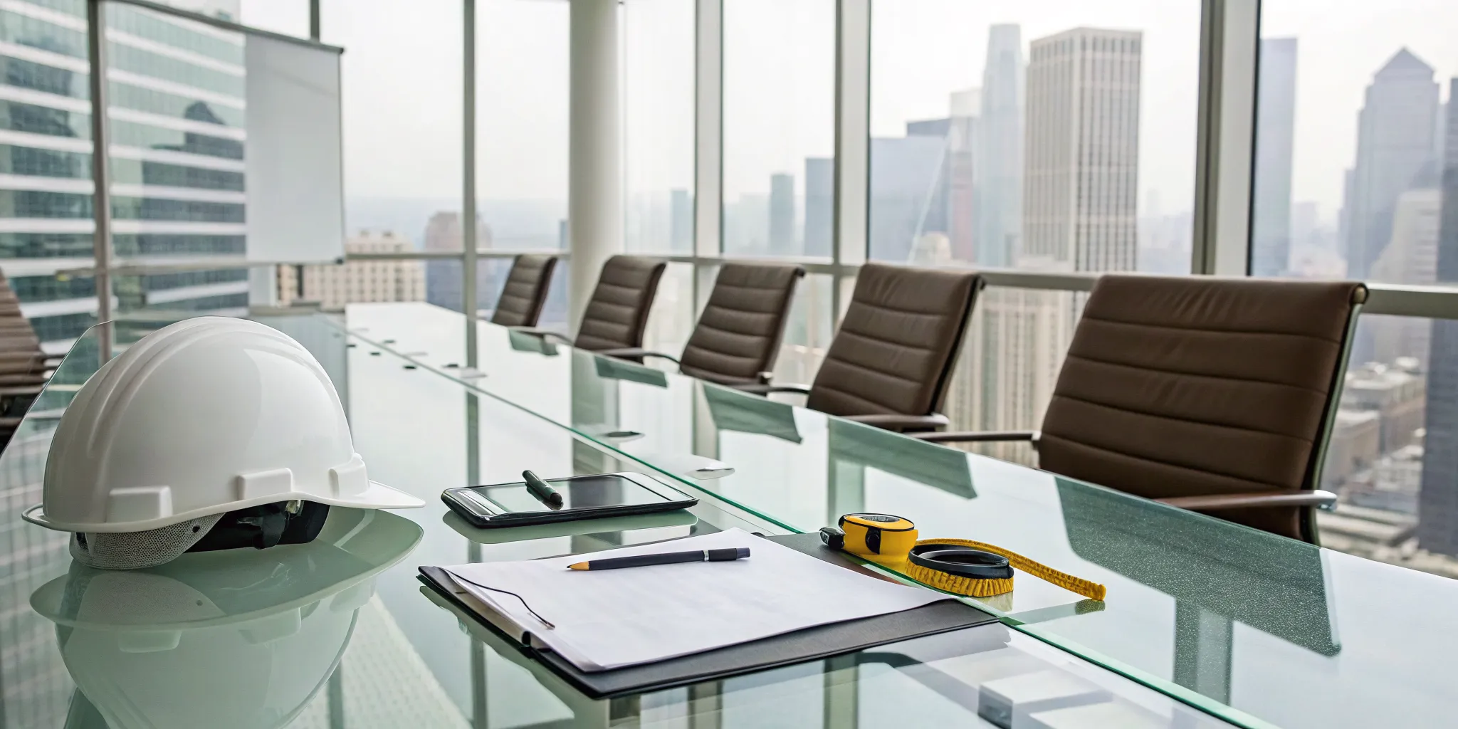 Hard hat and clipboard on a table for hiring a public adjuster vs a lawyer for an insurance claim.