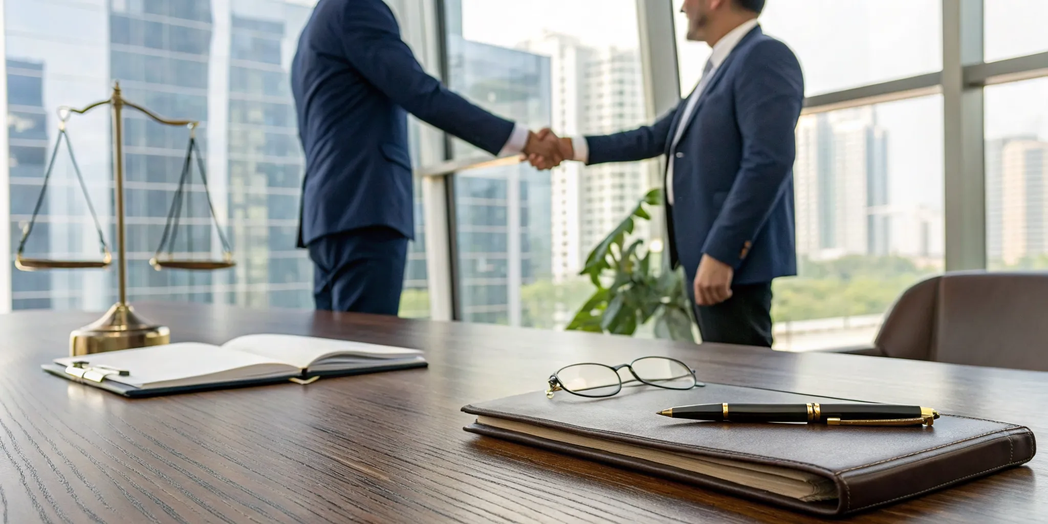 Semi truck accident attorneys shake hands in an office, finalizing a client's legal strategy.
