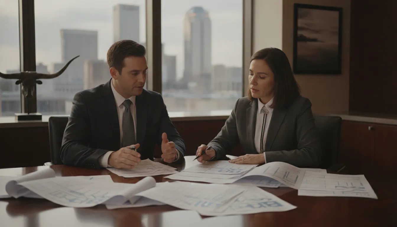 Commercial property owner consulting with a Texas attorney about insurance claim deadlines in a professional law office setting