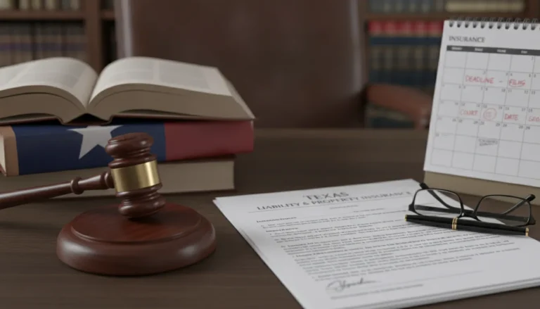 Gavel and Texas state flag with insurance policy and calendar representing legal deadlines
