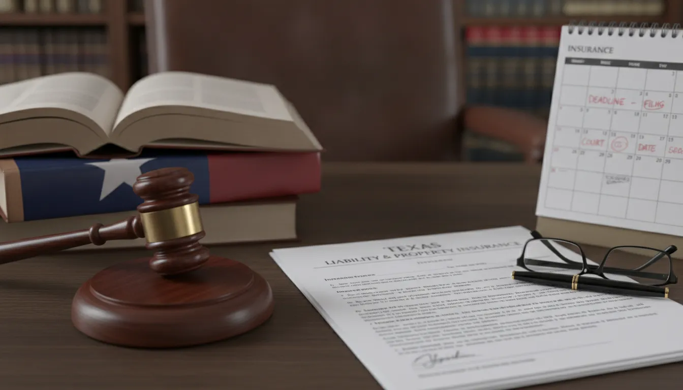 Gavel and Texas state flag with insurance policy and calendar representing legal deadlines