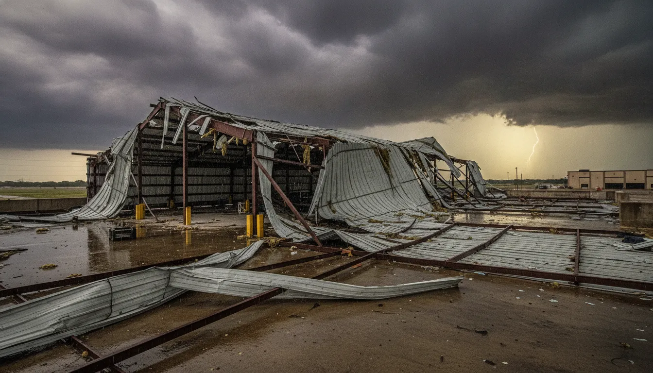 A detailed photo of a commercial warehouse roof with severe tornado storm damage under a stormy Texas sky.
