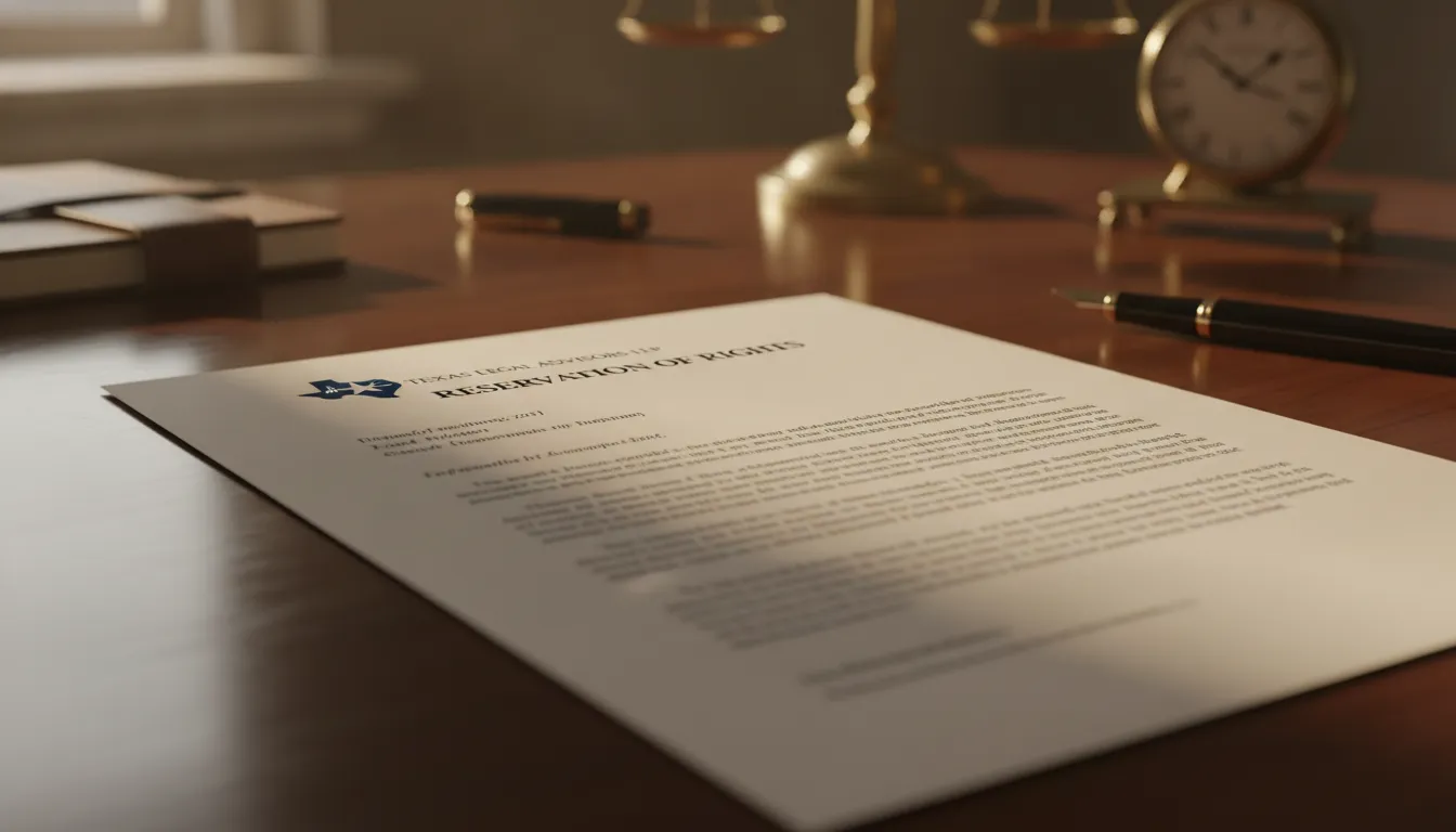 Reservation of Rights insurance claim letter on law office desk