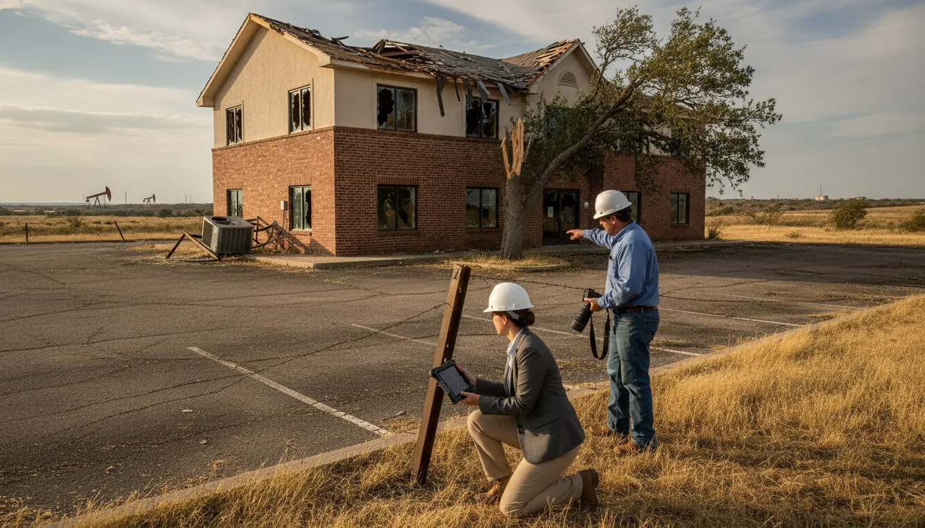 Commercial building exterior with insurance adjuster assessing property damage in Texas