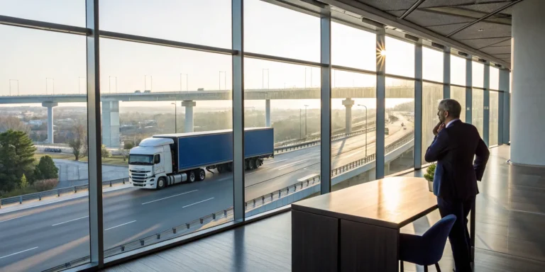 Man looking out an office window at a semi truck, needing a truck accident attorney near me.