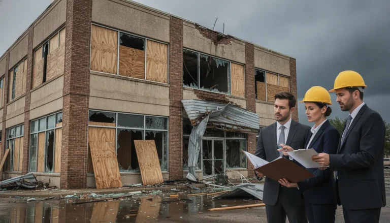 Commercial building with storm damage, lawyers reviewing insurance policy documents in foreground