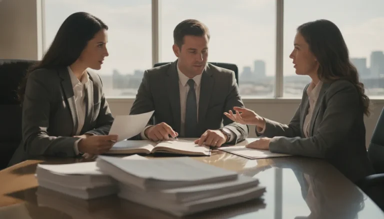 Texas business owners and their attorneys discussing a contract dispute strategy in a commercial litigation conference room