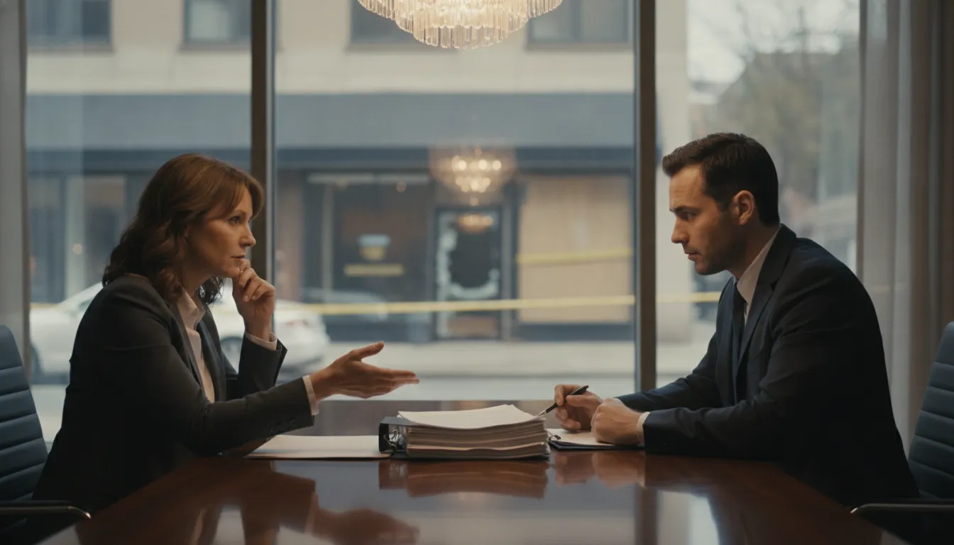 Texas commercial property owner meeting with an insurance claims attorney at a conference table