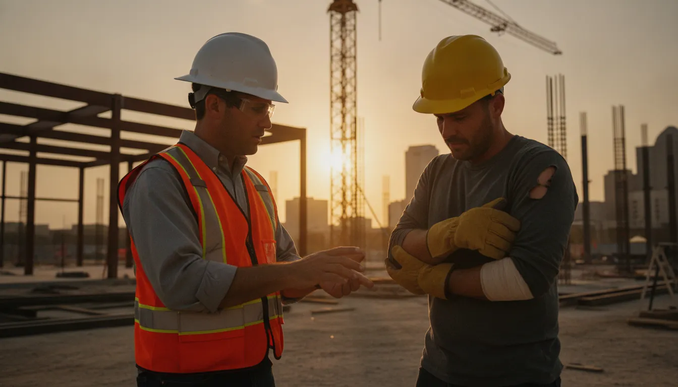 Construction safety inspector speaking with an injured worker in a hard hat at a Fort Worth construction site