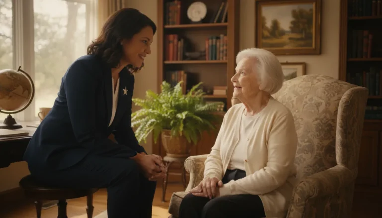 A caring Fort Worth legal advocate speaking gently with an elderly woman in a bright warm office