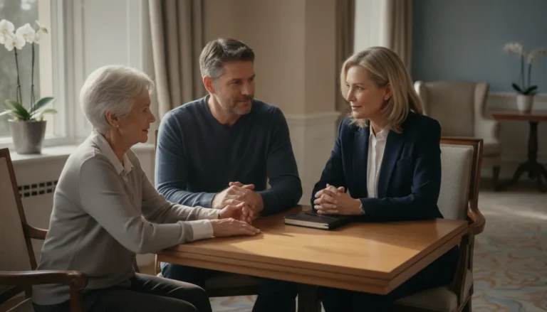 An attorney speaking compassionately with an adult son and his elderly mother in a bright assisted-living lounge