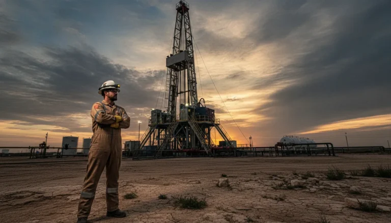 Texas oilfield worker in a hard hat standing near an onshore drilling rig at dusk