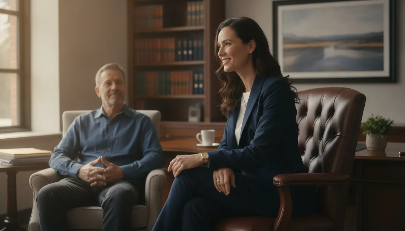 Compassionate personal injury attorney meeting with a client in a warm Fort Worth law office