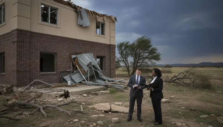 Two business professionals reviewing documents in front of a commercial building with storm damage, representing insurance appraisal and legal counsel in Texas