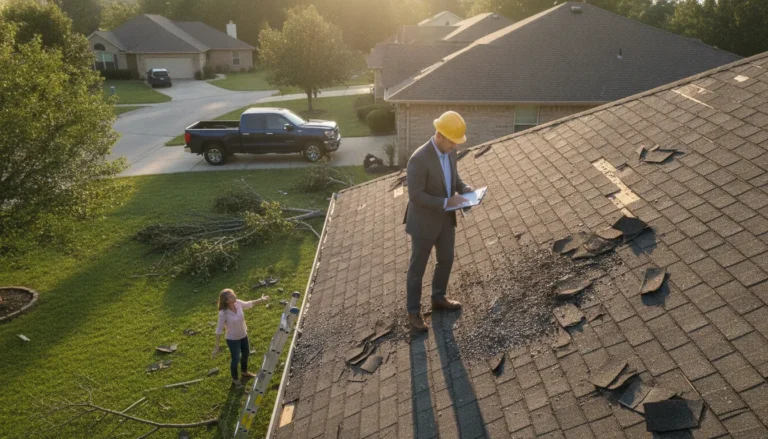 Property insurance attorney inspecting a storm-damaged roof after a Texas hail event
