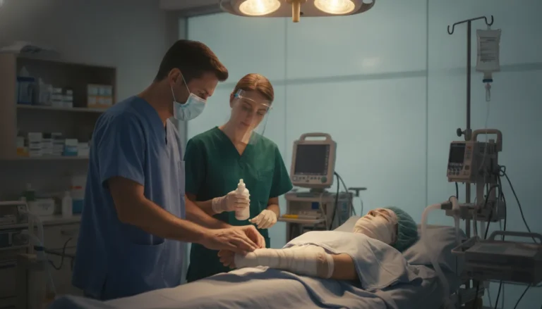 Trauma surgeon and burn-care nurse attending to a patient in a hospital burn unit