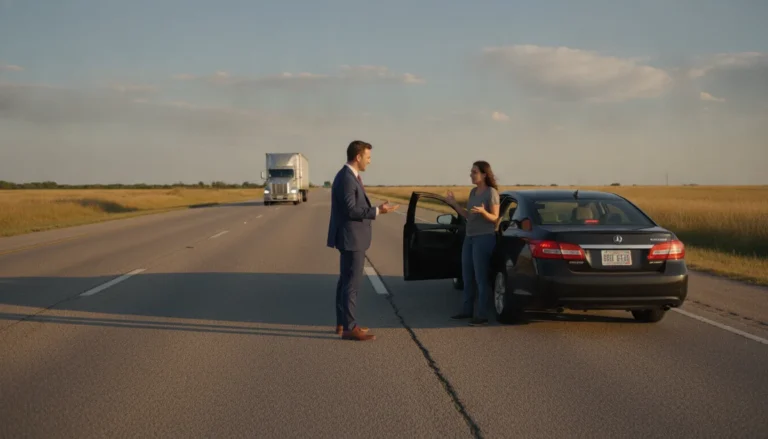 Texas highway with a commercial semi-truck and a person speaking with an attorney at the roadside