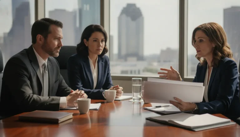 Business partners and a Texas attorney discussing a fiduciary-duty dispute
