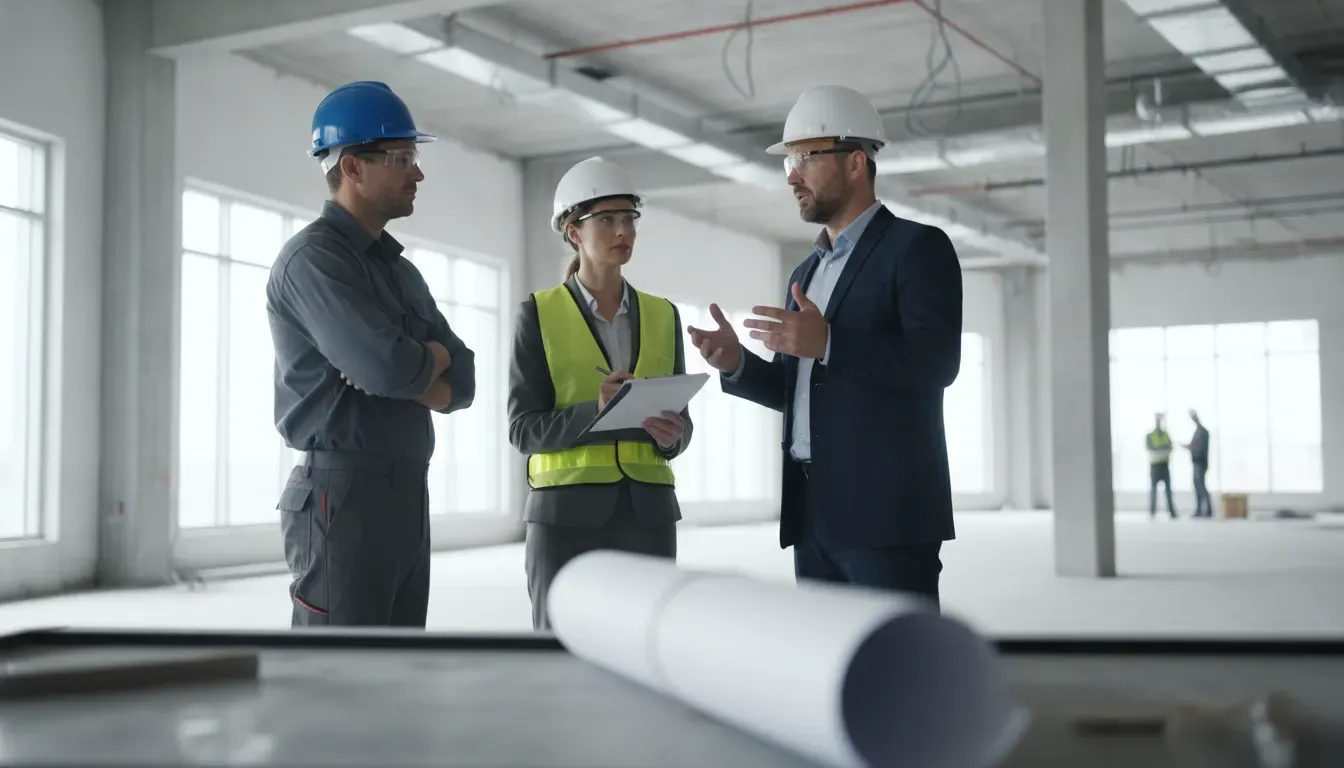 Construction contract dispute attorney meeting with a contractor and business owner at a commercial Texas building site